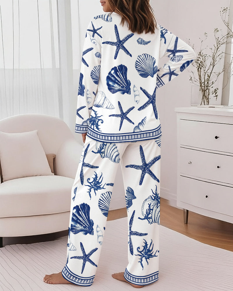 Women's 2 Piece Ocean Style Pajama Set Long Sleeve Top and Wide Leg Pants Casual Lounge Set