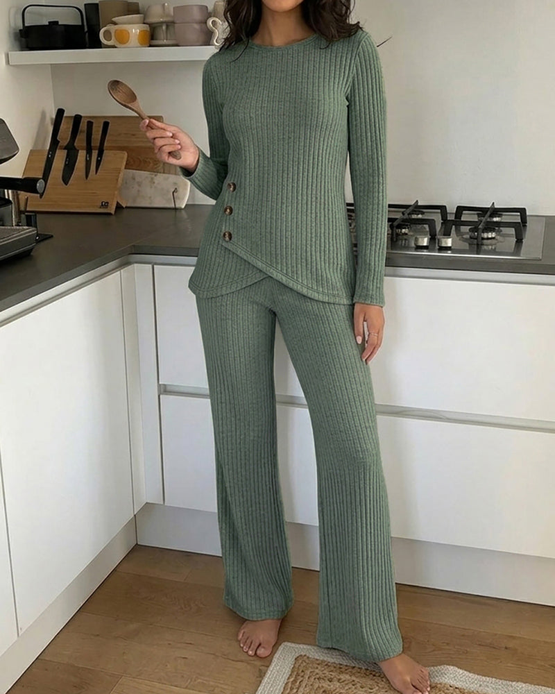 Women's Brushed Ribbed Knit 2 Piece Set Button Long Sleeve Top and Wide Leg Pants with Pockets Casual Loungewear