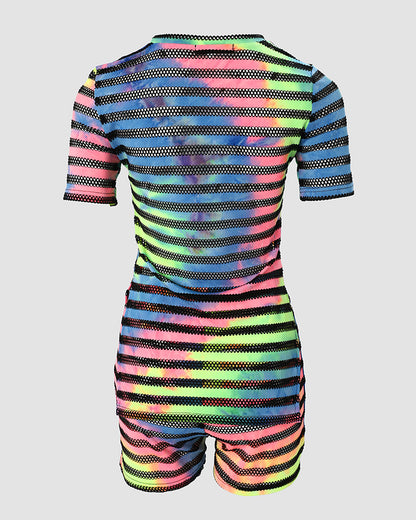Women's Striped Tie Dye Two Piece Set Short Sleeve Side Slit Top and High Waist Shorts Slim Fit Mesh Patchwork Outfits