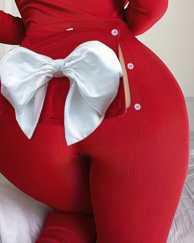 Plunge Long Sleeve Bowknot Decor Functional Onesie