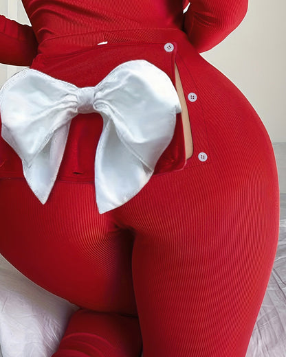 Plunge Long Sleeve Bowknot Decor Functional Onesie