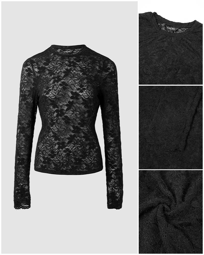 Women's Floral Sheer Lace Long Sleeve Top Crewneck Slim Fit Tee with Thumb Holes