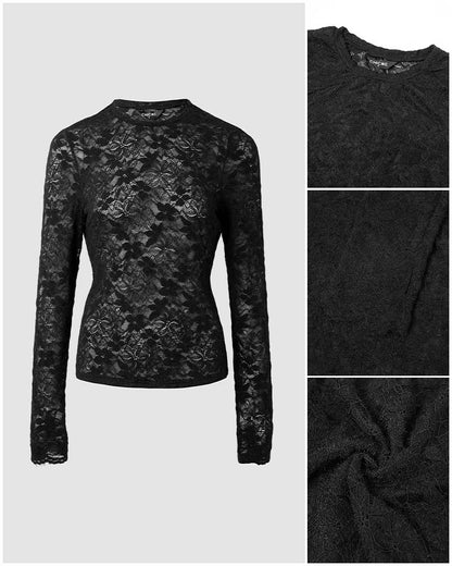 Women's Floral Sheer Lace Long Sleeve Top Crewneck Slim Fit Tee with Thumb Holes