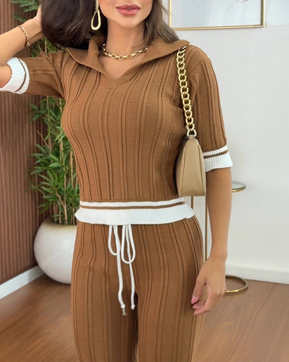 Women's Contrast Binding Two Piece Knit Set Short Sleeve Top and Drawstring Straight Leg Pants Casual Loungewear