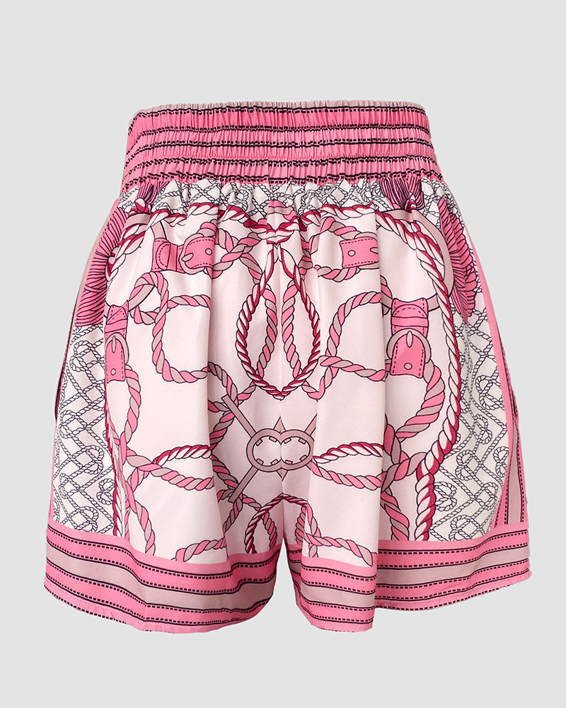 Chain Print Stand Collar Lantern Sleeve Button Front Top and Casual Elastic Waist Shorts Set