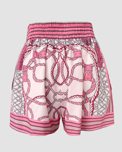 Chain Print Stand Collar Lantern Sleeve Button Front Top and Casual Elastic Waist Shorts Set