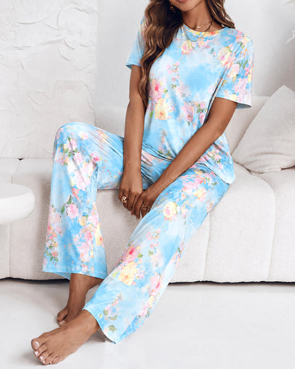 Women's Watercolor Floral 2 Piece Pajama Set Short Sleeve Top and High Waisted Pants Casual Loungewear with Pockets