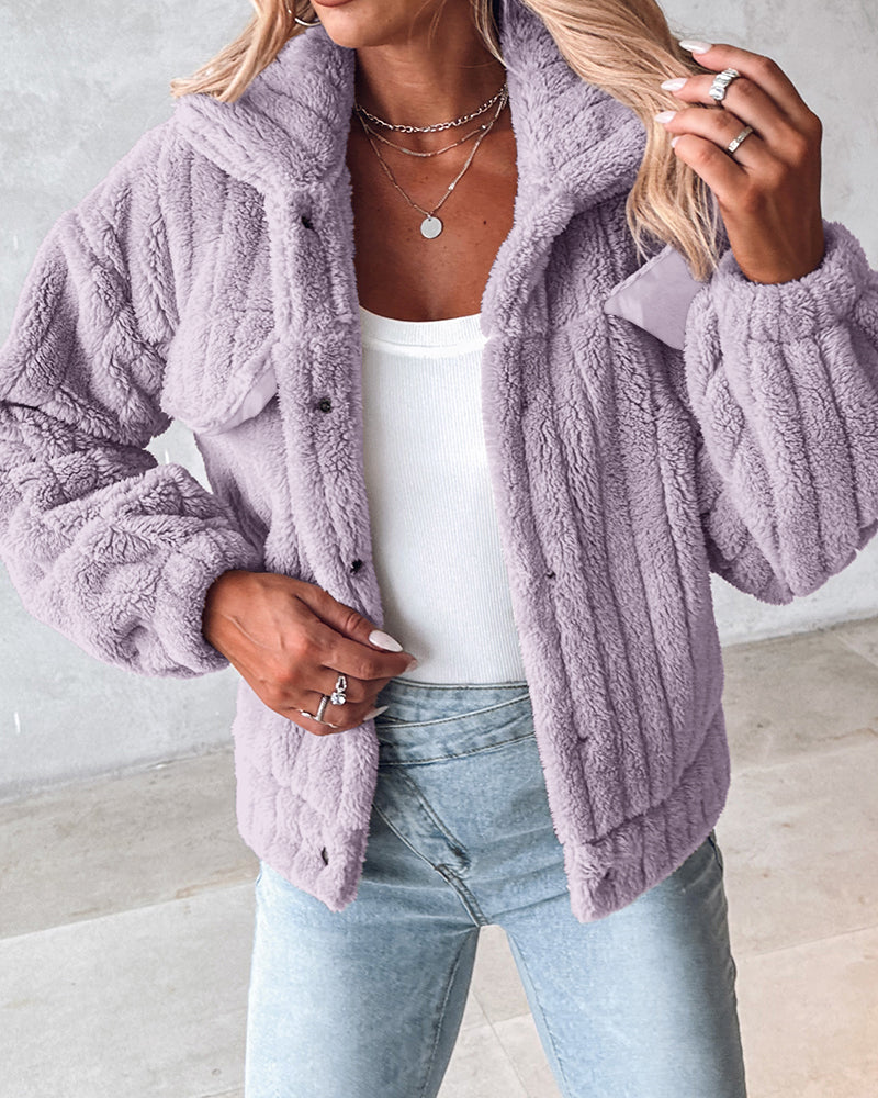 Textured Striped Turn-down Collar Button Front Elastic Cuff and Hem Teddy Fleece Jacket With Decorative Flap Pockets