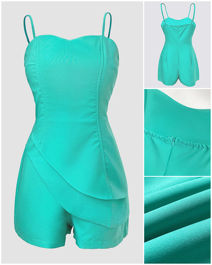 Adjustable Spaghetti Straps Asymmetrical Front Short Jumpsuit Casual Zipper Back Slim Fit Romper