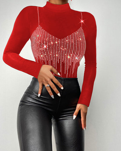 Mock Neck Long Sleeve Rhinestone Decor Top