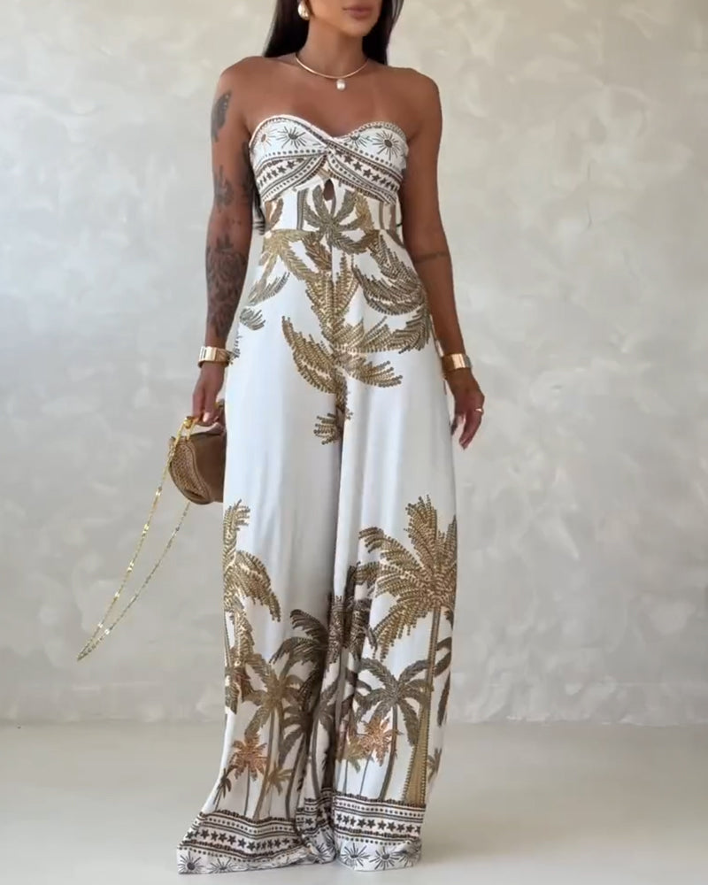 Palm Tree Print Bandeau Twist Front Backless Tie Back Overalls Casual Hollow-out Front Wide Leg Jumpsuit