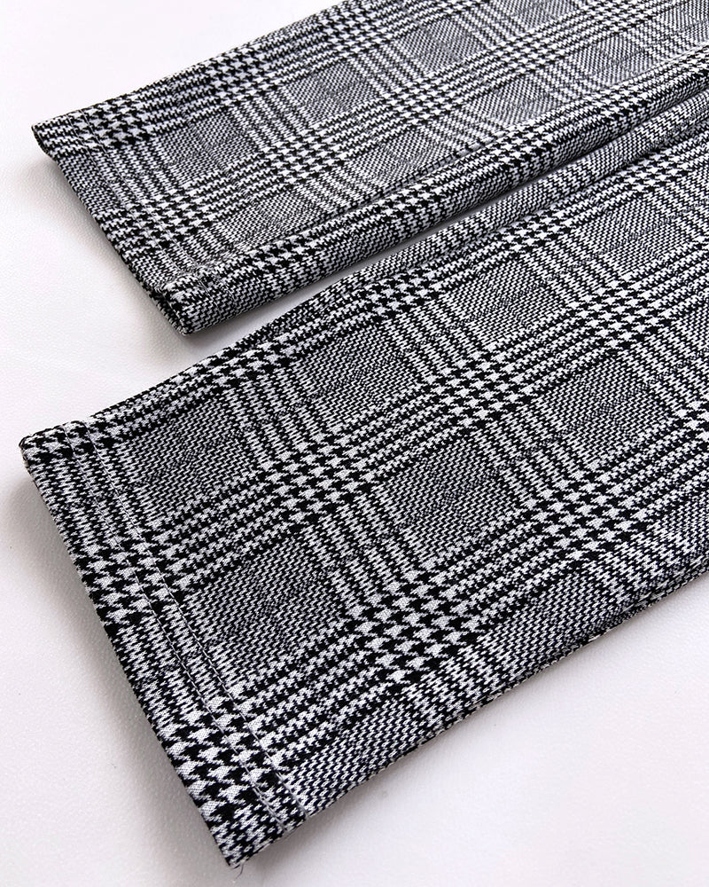 2 Piece Blazer Notched Collar Plaid Print Coat Drawstring Pants Set With Pockets Casual Suits