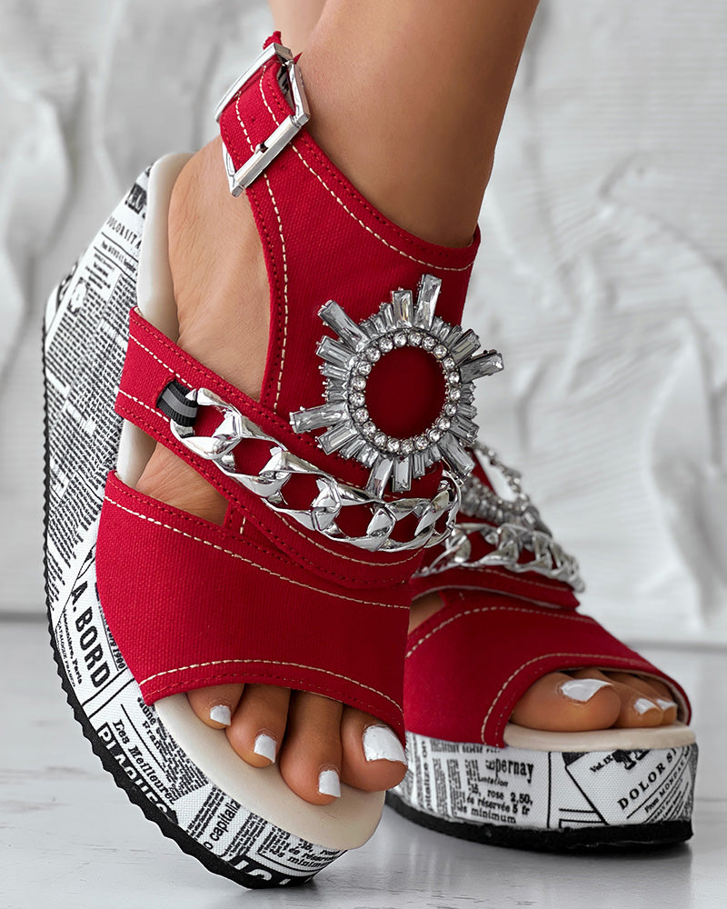 Newspaper Rhinestone Gear Pattern Slingback Platform Wedge Sandals