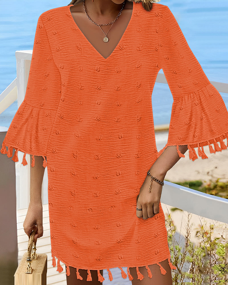 Large Swiss Dot  V-Neck Bell Sleeve Mini Dress Casual Loose Fit Dress