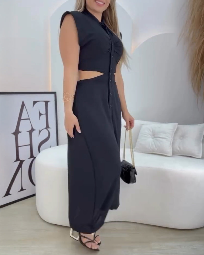 Solid Color Cutout Button Down Elastic Waist Back Versatile Casual Dress Vocation Maxi Dress