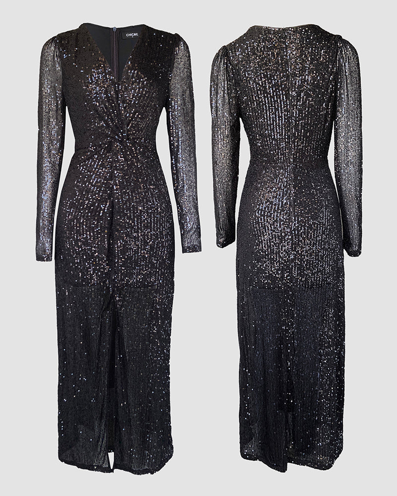 Allover Sequin Overlap Deep V-Neck Puff Sleeve High Slit Evening Dress Twist Front Cinched Waist Party Dress