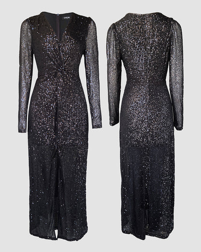 Allover Sequin Overlap Deep V-Neck Puff Sleeve High Slit Evening Dress Twist Front Cinched Waist Party Dress