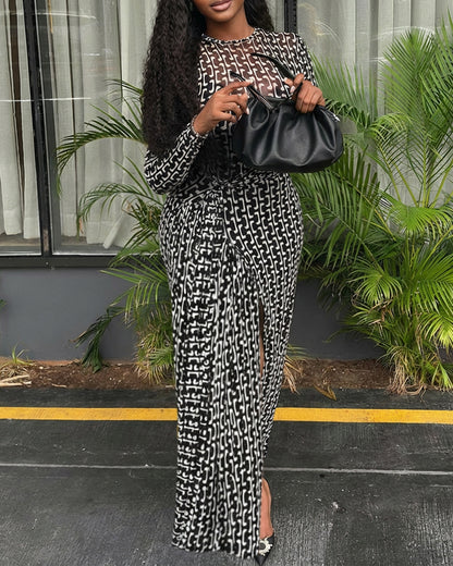 Geometric Print Long Sleeve Waist Tied Detail Maxi Dress Casual Slim Fit Slit Vacation Dress