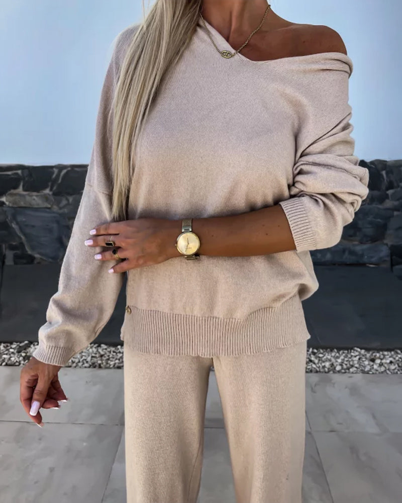 Women's Two-Piece Knit Set Long Sleeve Hoodie Top and Wide-Leg Pants Set Casual Cozy Lounge Outfit