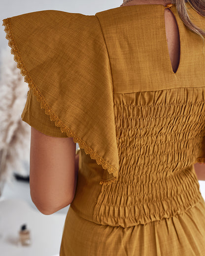 Butterfly Sleeve Hollow-out Back Shirred Work Dress Casual Cinched Waist Lace Trim Ruffle Hem Dress