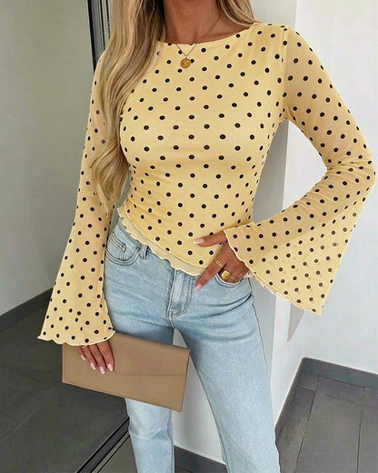 Women's Polka Dot Mesh Top Flare Long Sleeve Boat Neck Lined Asymmetric Frill Hem Blouse Vintage Party Shirt