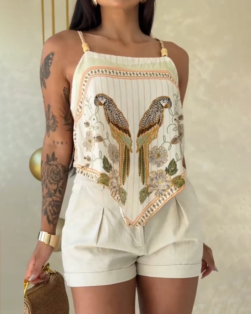 Tropical Animal & Plants Print Square Neck Adjustable Spaghetti Straps Top Sexy Backless Tie Back Asymmetrical Hem Cami Top