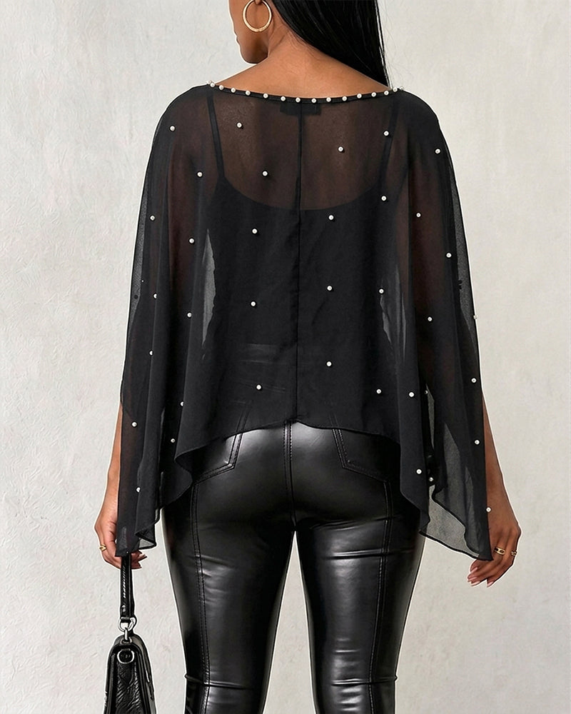 Women's 2 Piece Set Split Sleeve Pearl Sheer Chiffon Cape Top with Cami Top