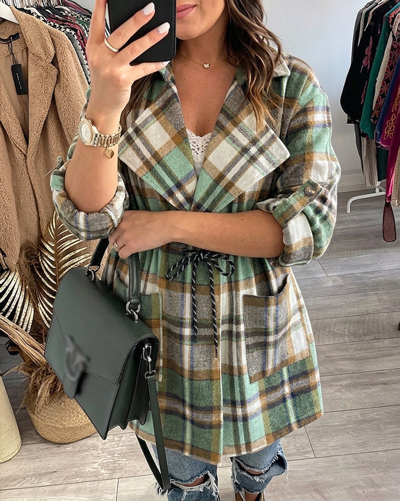 Women's Plaid Drawstring Waist Lapel Mid Length Coat Casual Roll Up Sleeve Jacket