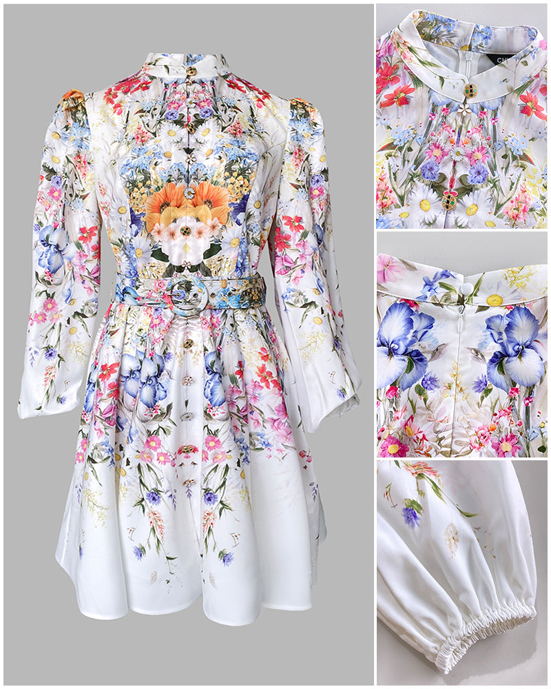French Style Floral Print Stand Collar Lantern Sleeve Mixed-shape Button Down Dress Elegant Palace Style Cinched Waist Umbrella Hem Dress with Belt
