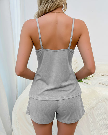2 Pieces Outfit Bowknot Decor Deep V-Neck Adjustable Spaghetti Straps Cami Top and Elastic Waist Shorts Set Casual Lace Spliced Knit Pajamas Set