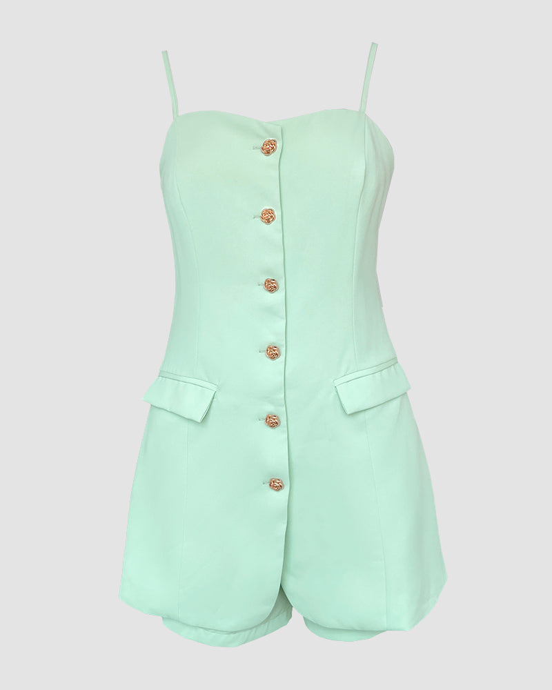 Bandeau Spaghetti Strap Golden-Button Back Shirred Top with Casual Shorts Set