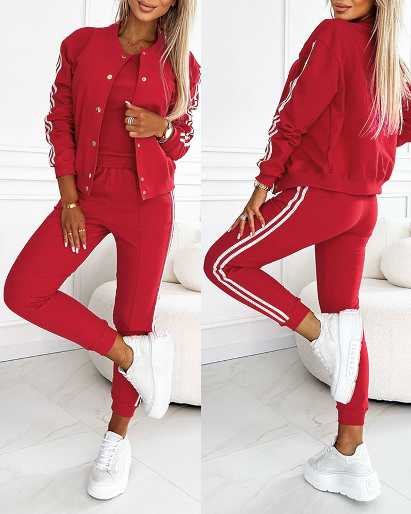 3 Pieces Outfit Snap Buttons Front Coat Elastic Waist Seam Front Stretchy Cuffs Pants Set Tank Top Casual Contrast Side Striped Tracksuit