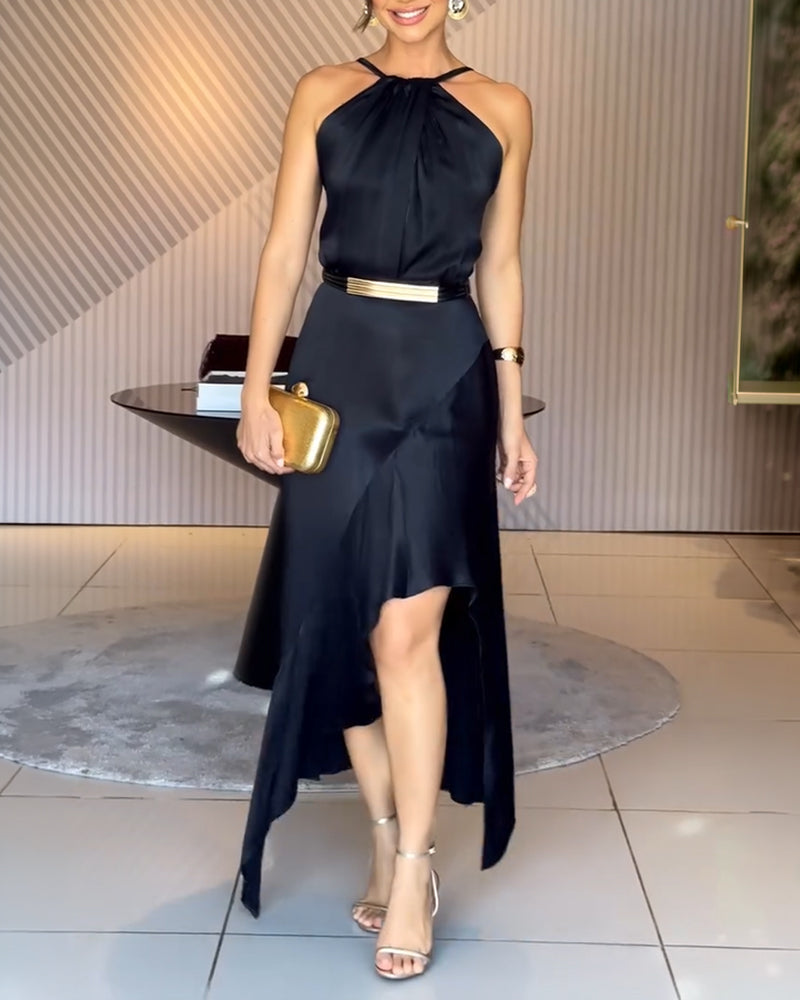 Women's Halter Neck Satin Dress Sleeveless Ruched Cocktail Dress Elegant Asymmetrical Hem Party Gown
