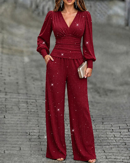 Women's 2 Piece Glitter Set Deep V Neck Lantern Sleeve Ruched Top and Wide Leg Pants with Pockets