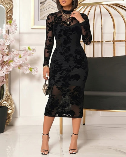 Women's Flocked Floral Mesh Dress Set Mock Neck Long Sleeve Bodycon Dress Sheer Lace Party Midi Dress with Camisole Slip Dress