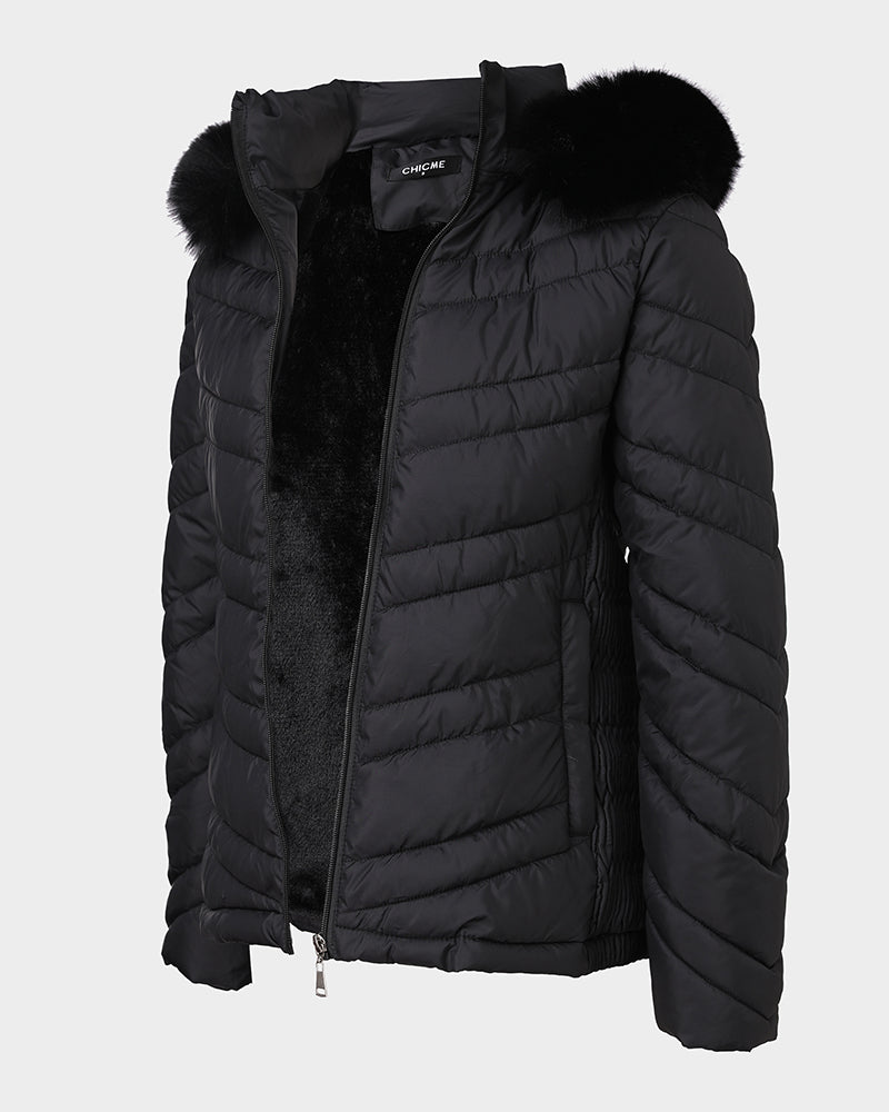 Zipper Pocket Design Shirred Fuzzy Trim Fleece Lined Hooded Puffer Jacket