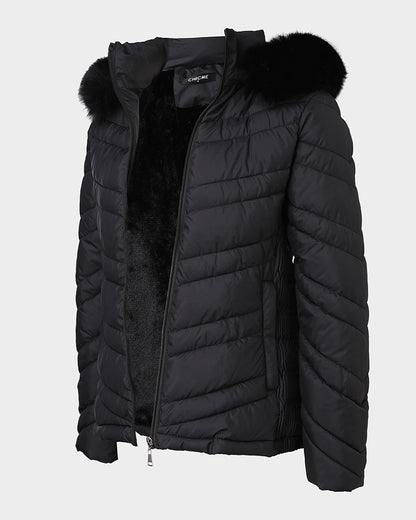 Zipper Pocket Design Shirred Fuzzy Trim Fleece Lined Hooded Puffer Jacket