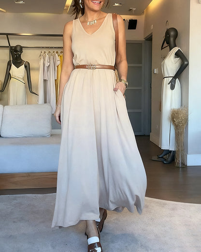 V-Neck Sleeveless A Line Casual Dress Casual Two-Way Wear Loose Fit Maxi Dress