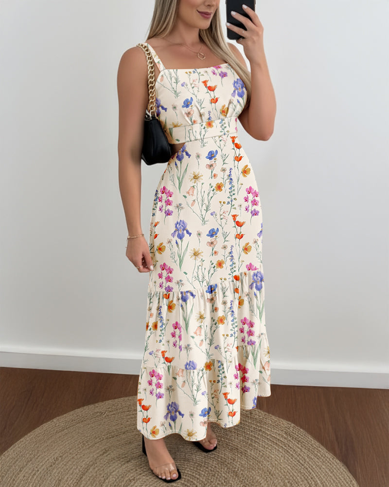 Colorful Floral Print Square Neck Adjustable Straps Shirred Back A Line Dress Casual Cutout Waist Ruffle Hem Vacation Dress
