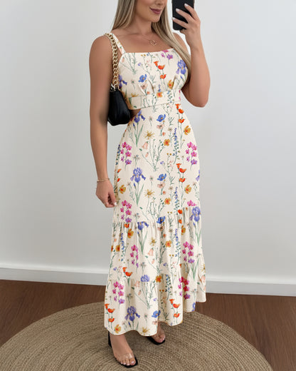 Colorful Floral Print Square Neck Adjustable Straps Shirred Back A Line Dress Casual Cutout Waist Ruffle Hem Vacation Dress