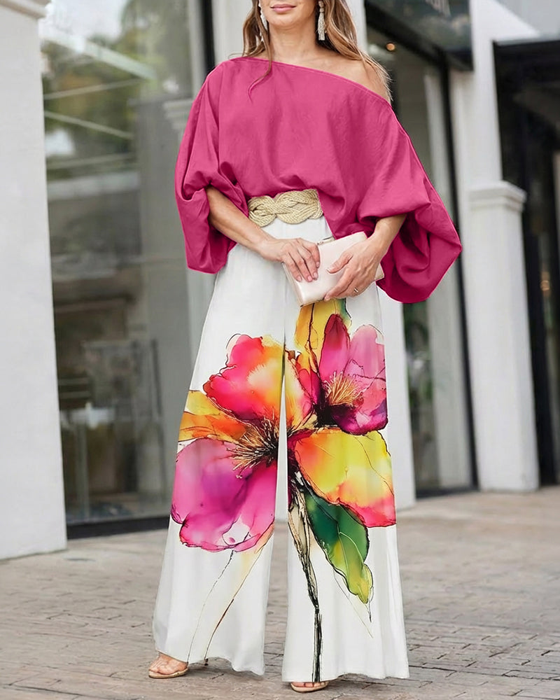 2 Pieces Outfit Skew Neck Batwing Sleeve Stretchy Hem Top and Watercolor Floral Print Zipper Fly Elastic Back Waist Wide Leg Pants Set Casual Loose Fit Set
