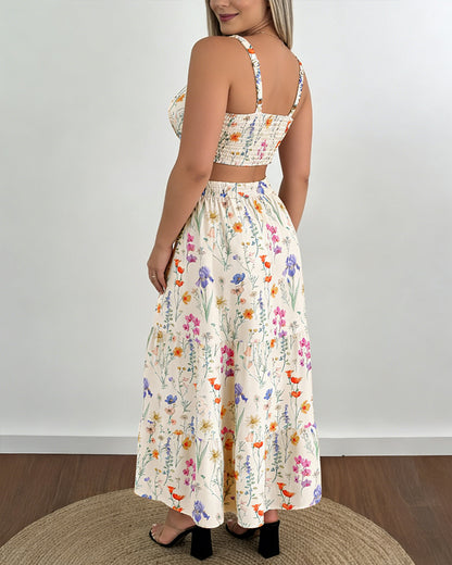 Colorful Floral Print Square Neck Adjustable Straps Shirred Back A Line Dress Casual Cutout Waist Ruffle Hem Vacation Dress