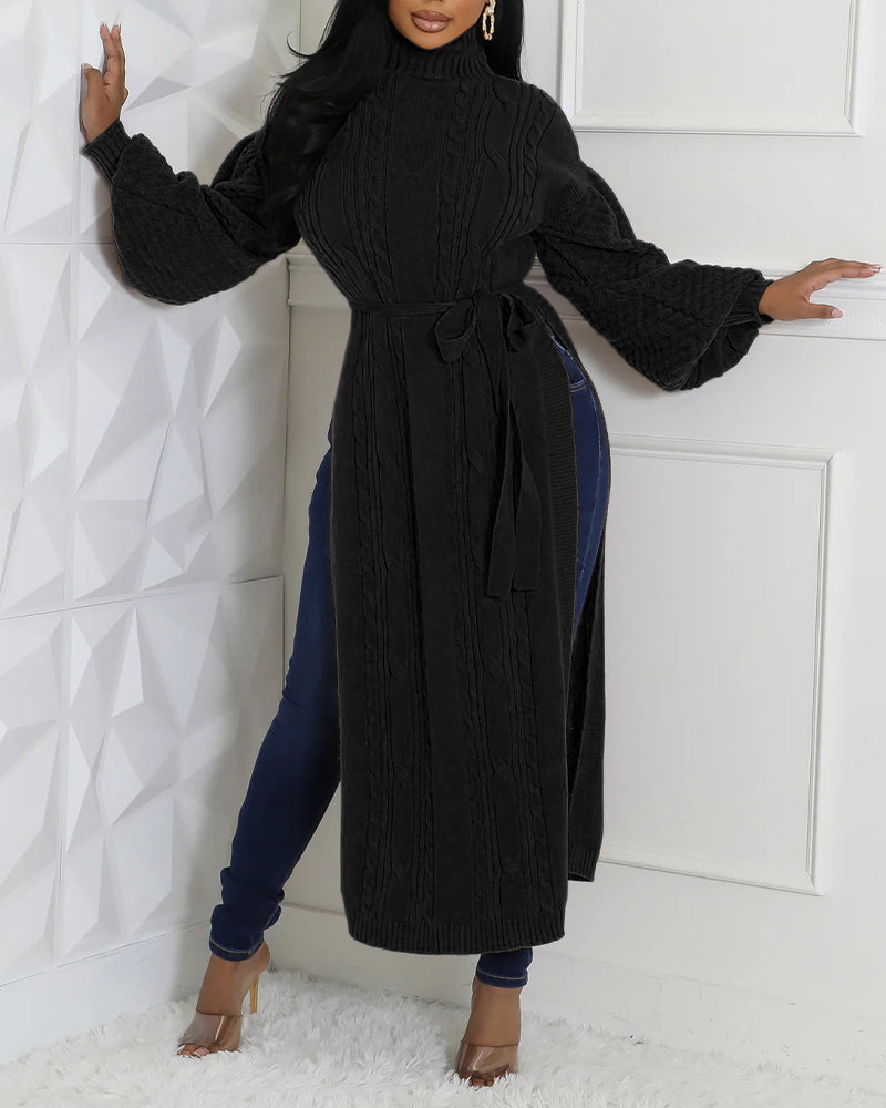 Cable Textured High Neck Lantern Sleeve Bow Tie Waist Sweater Casual High Slit Knit Longline Top