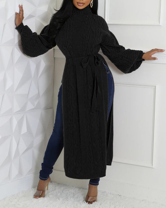 Cable Textured High Neck Lantern Sleeve Bow Tie Waist Sweater Casual High Slit Knit Longline Top