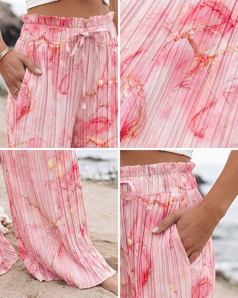 Women's Tie Dye Print Pleated Wide Leg Pants High Waisted Flowy Palazzo Pants Drawstring Lounge Pants with Pockets