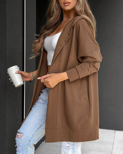 Women's Hooded Open Front Casual Loose Mid-Length Coat with Pockets