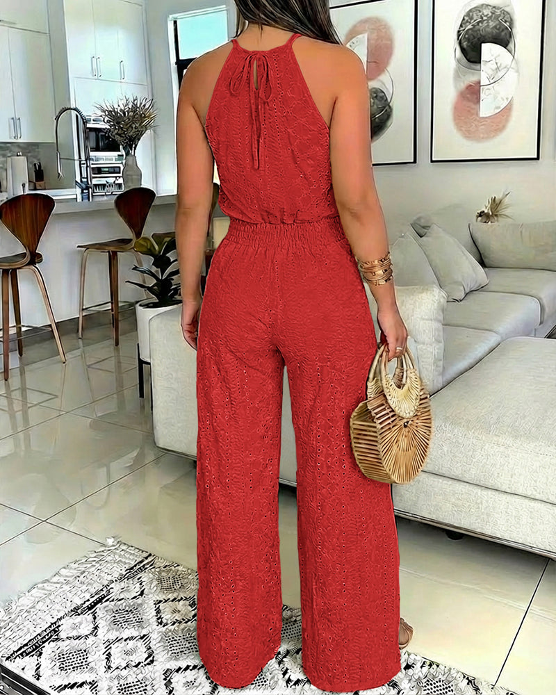 2 Pieces Outfit Halter Tie Guipure Lace Spliced Front Hollow-out Back Top and Elastic Back Waist Wrapped Slit Pants Set Casual Jacquard Textured Vacation Set