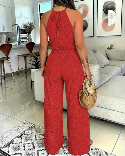 2 Pieces Outfit Halter Tie Guipure Lace Spliced Front Hollow-out Back Top and Elastic Back Waist Wrapped Slit Pants Set Casual Jacquard Textured Vacation Set
