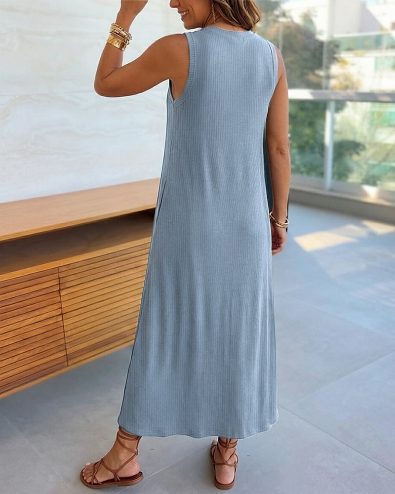 Women's Sleeveless Ribbed Knit Maxi Dress Loose A-Line Slit Tank Dress Casual Lounge Long Dress with Pockets