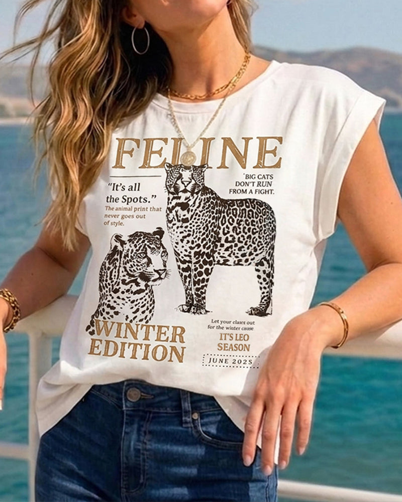 Women's Vintage Leopard Letter Tee Loose Drop Shoulder T Shirt Cap Sleeve Cuffed Casual Crewneck Top